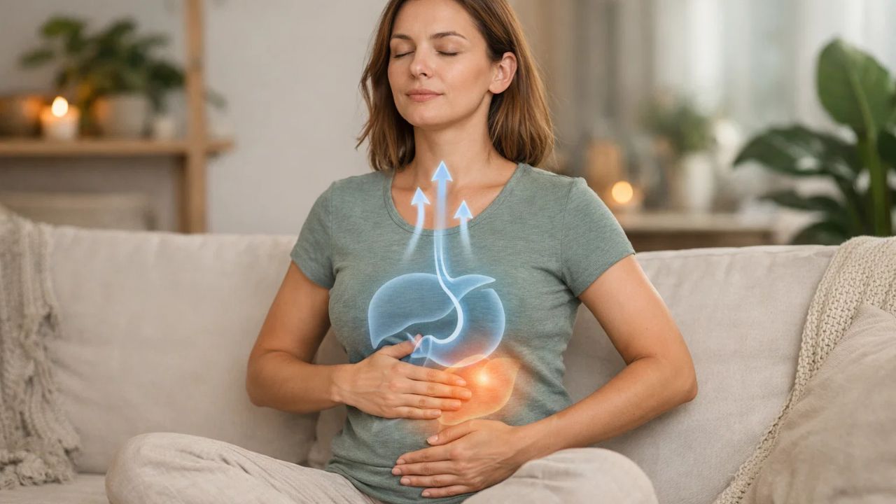 Person practicing diaphragmatic breathing to support digestion and reduce bloating