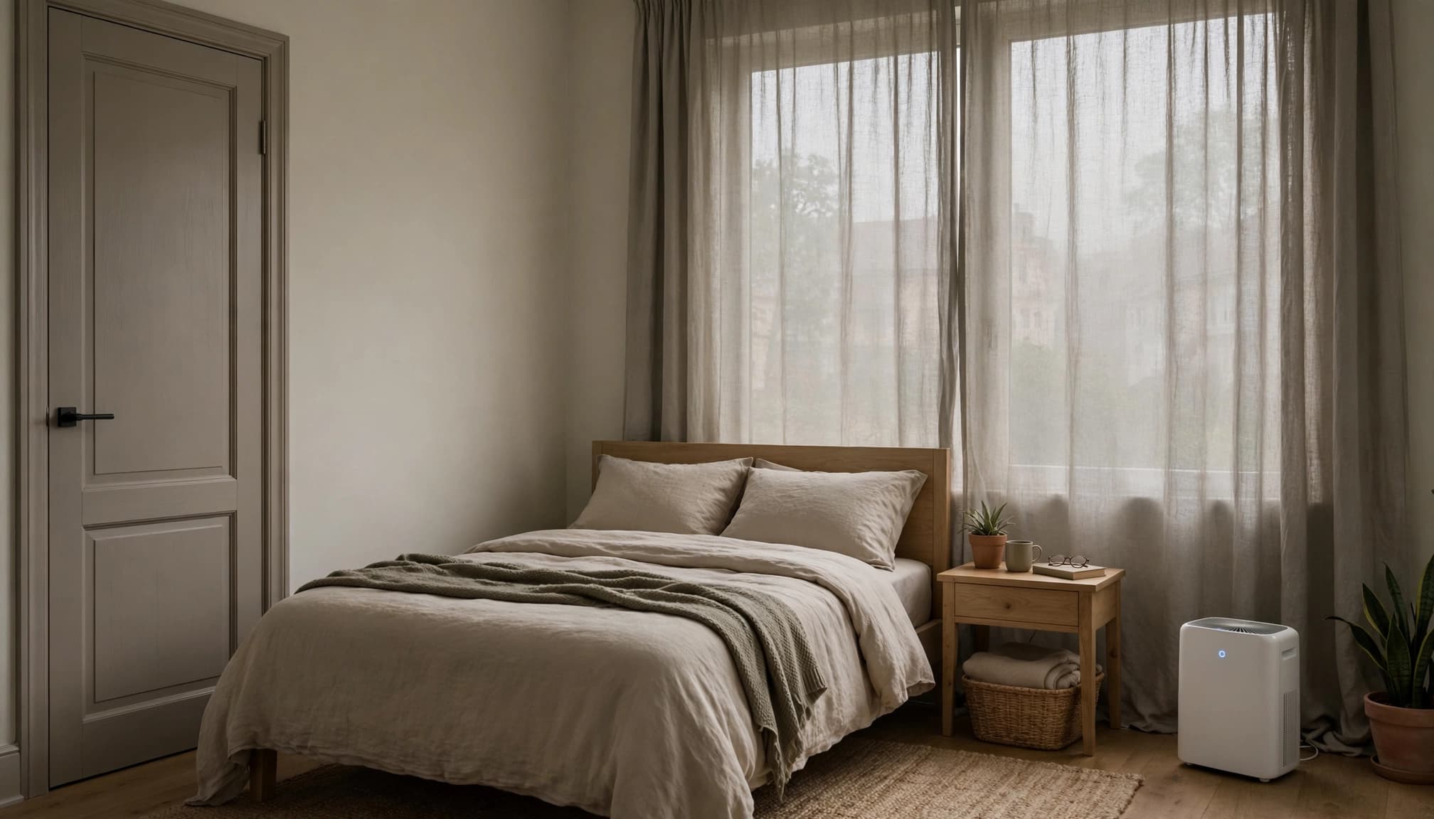 A compact air purifier sits beside a bed in a bedroom with closed curtains.