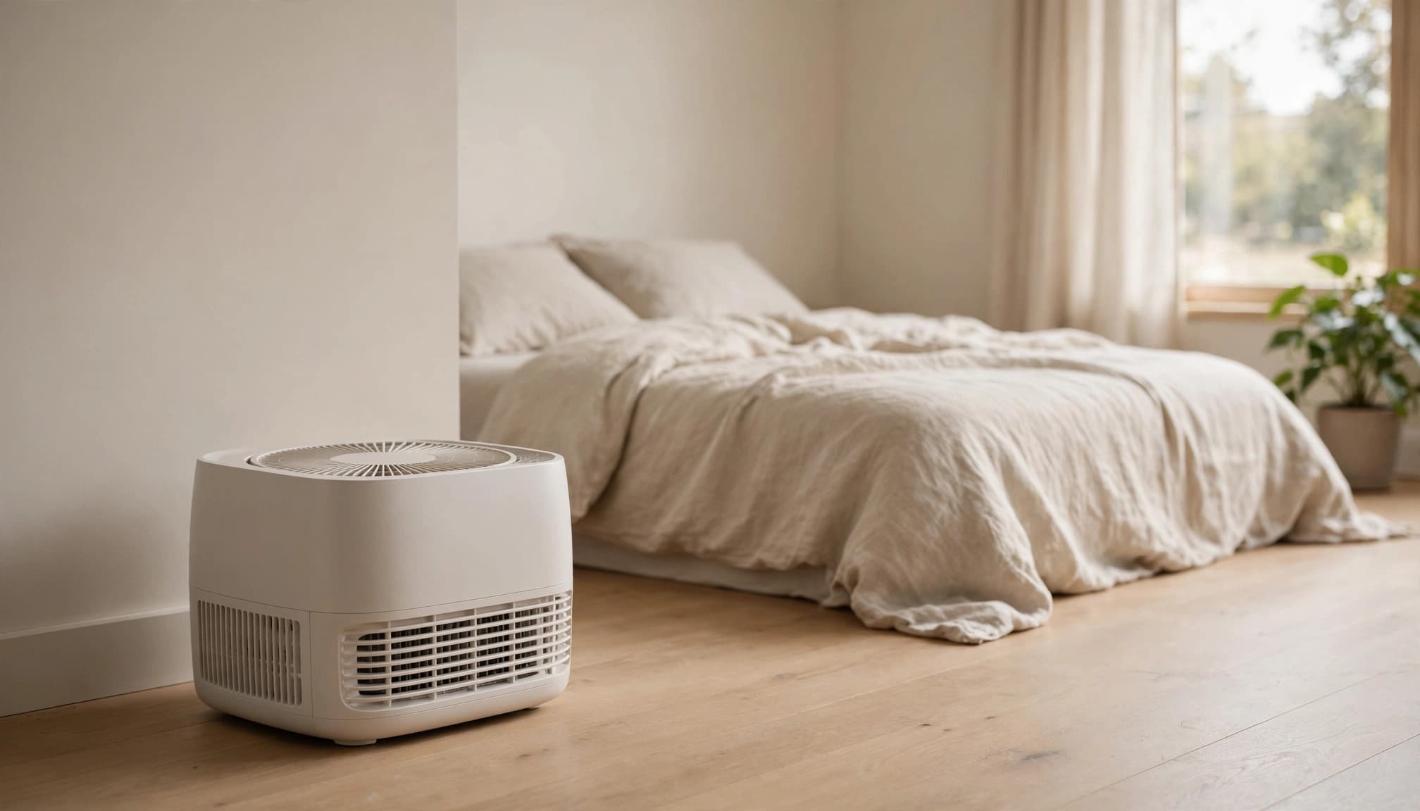 A compact purifier sits near a bed with clear space around its vents.