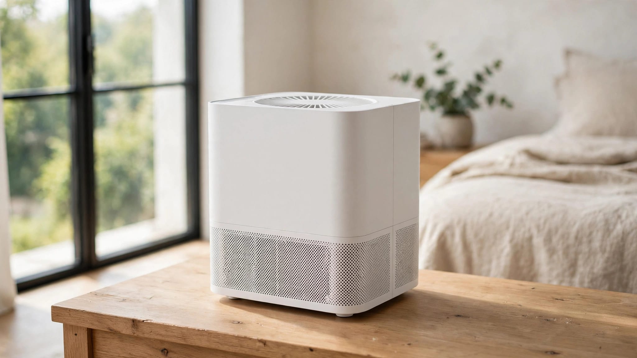 A HEPA air purifier stands in a bright bedroom with clear space around its vents.