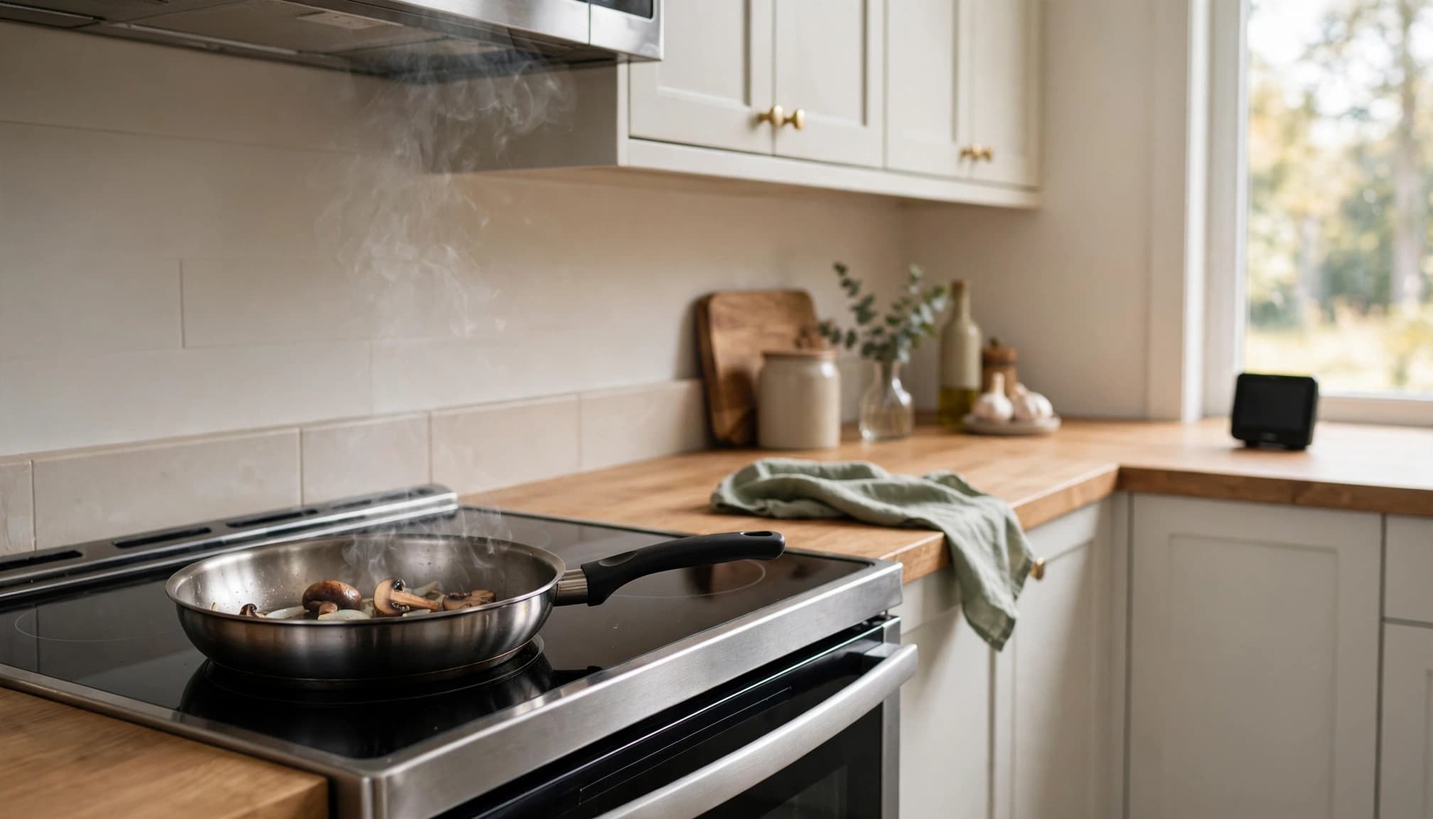 A pan gives off a faint wisp while an air monitor rests on a distant counter.