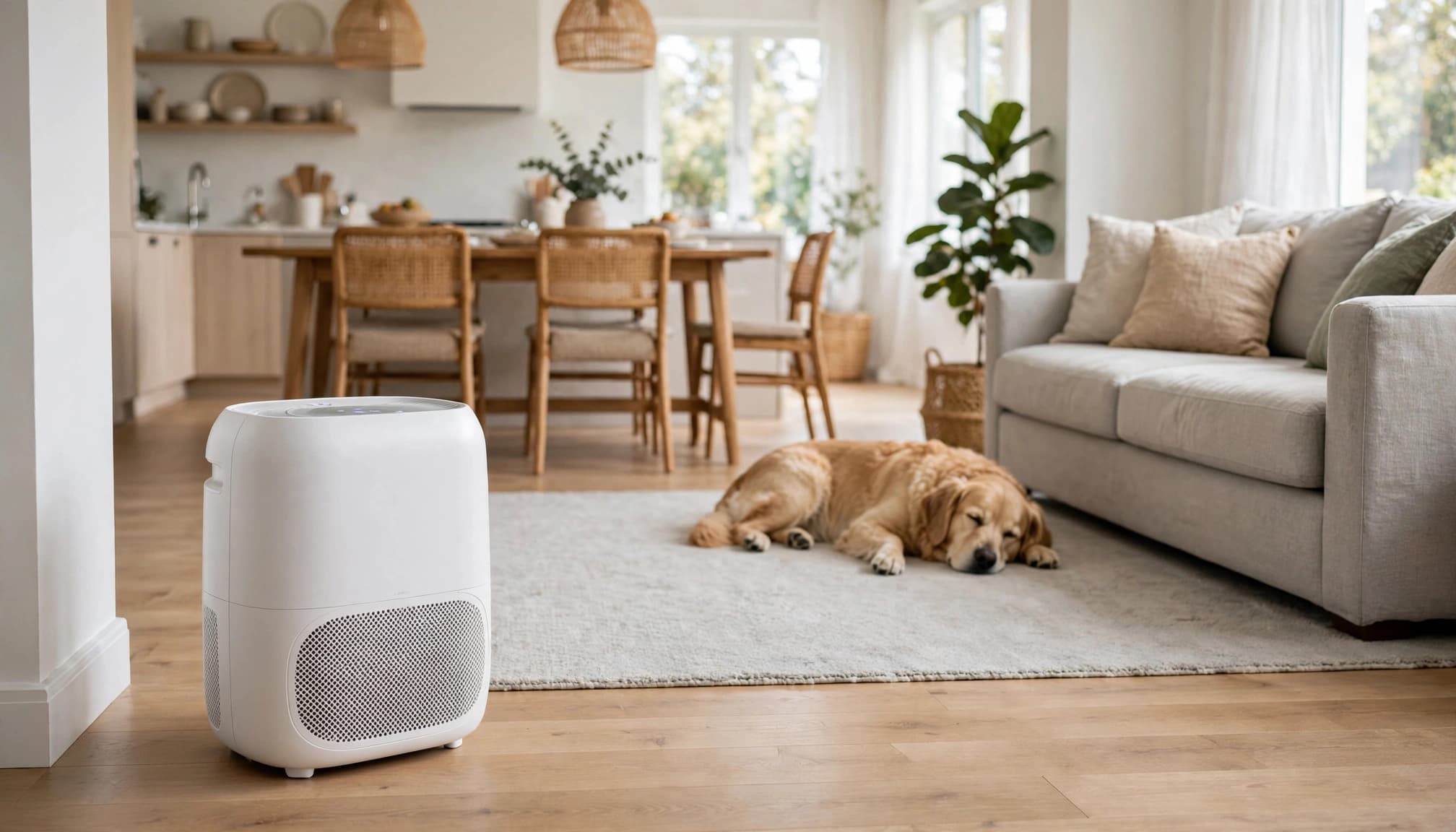 An air purifier stands near a dog resting on a living room rug.